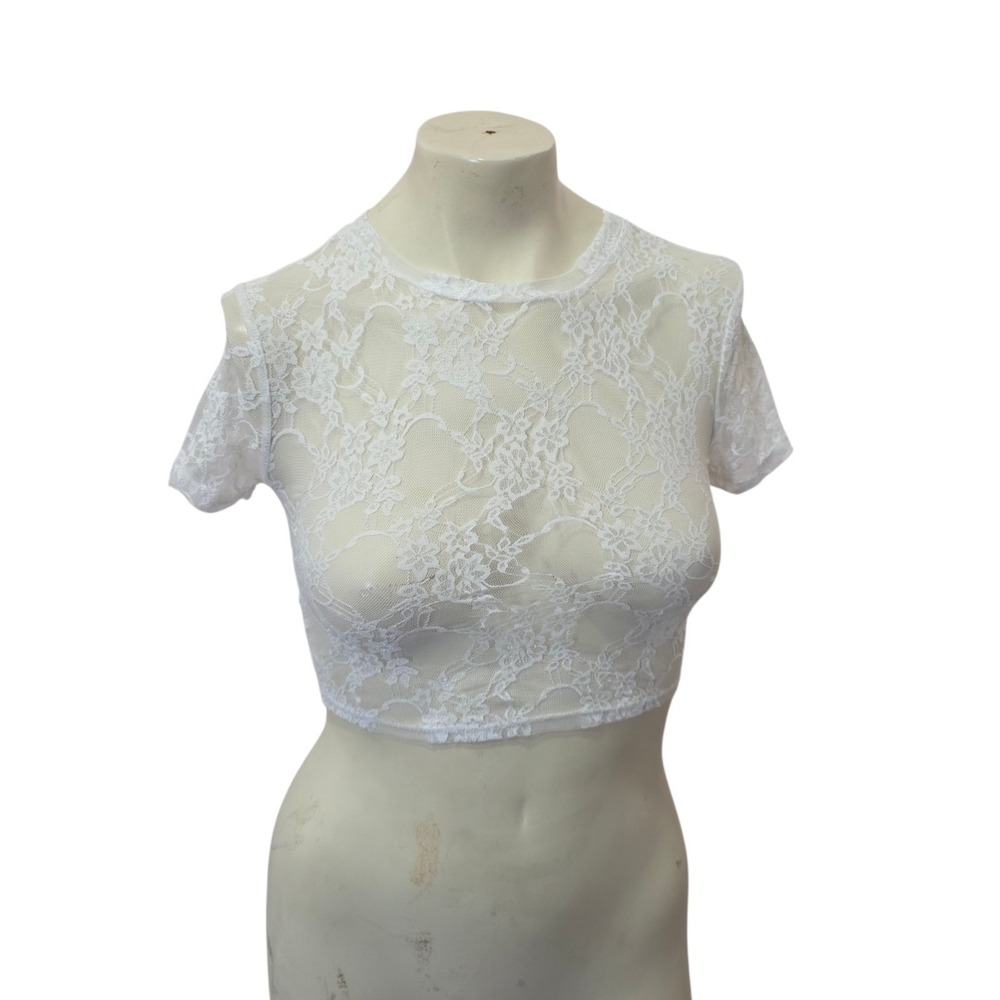 JNK White Floral Lace Sheer Crop Top Women's S/M Short Sleeve Festival Boho Tee